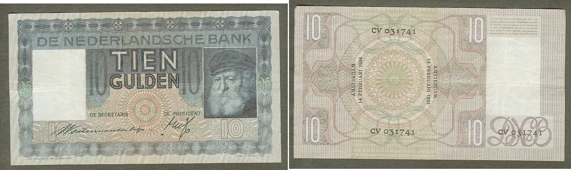 Netherlands 10 gulden 14.2.1934 VF